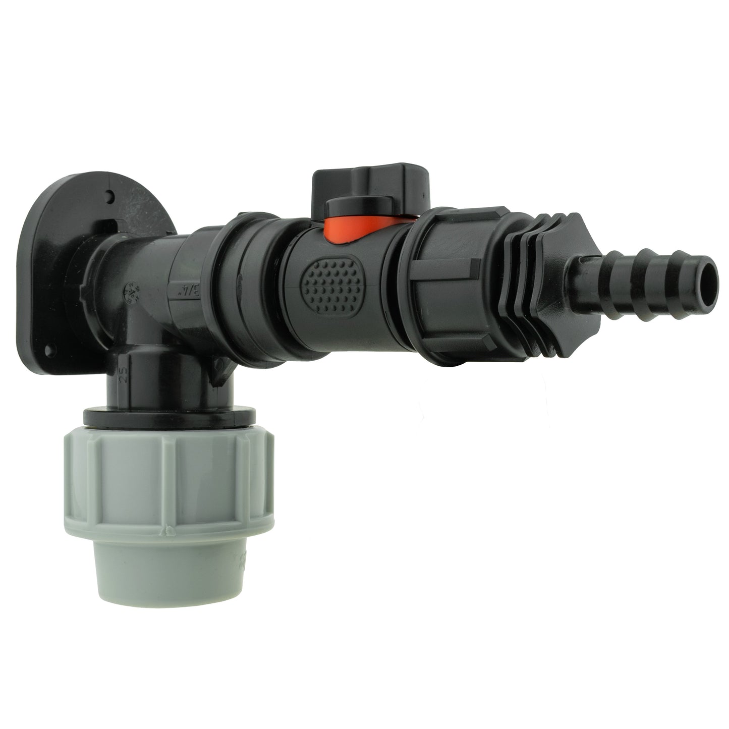 Wall Flange Kit 25mm MDPE + In-Line Valve + 1/2in Barb for Garden Irrigation Kit