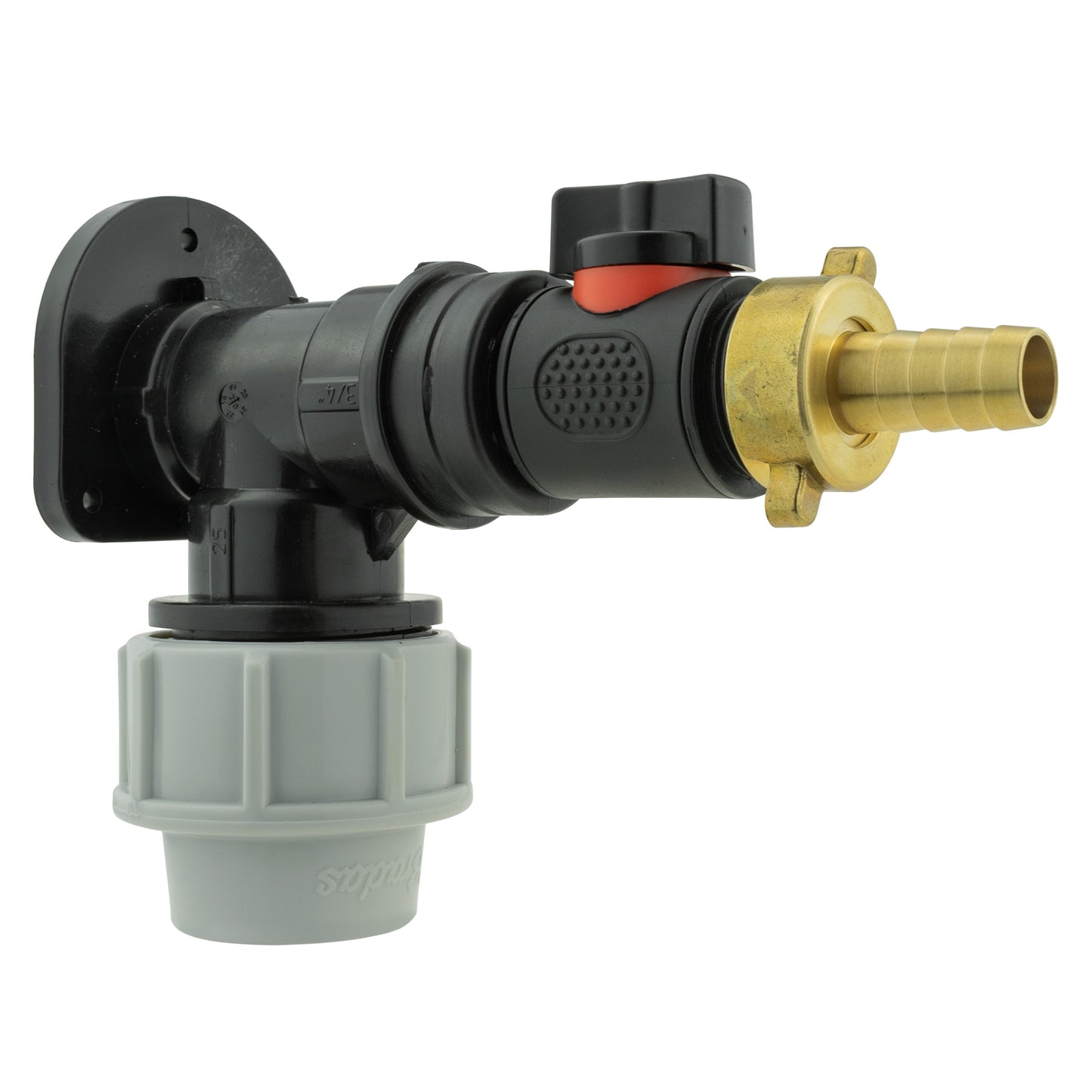 Wall Flange Kit 25mm MDPE + In-Line Valve + 13mm Brass Barb for Water Connector