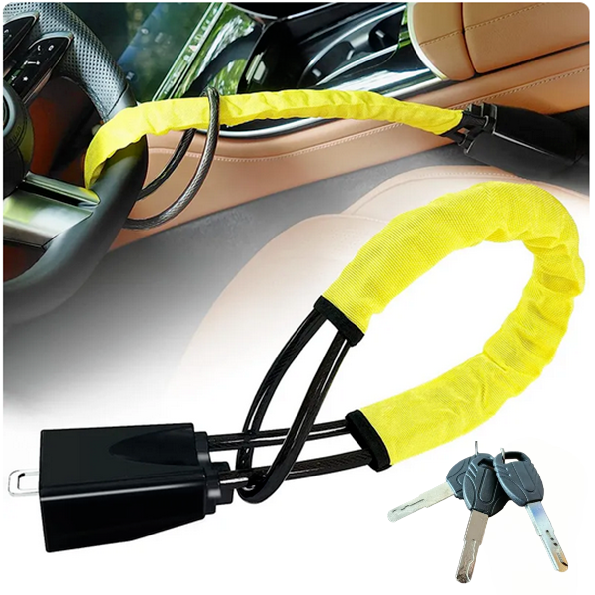 WheeLock Car Security Anti-Theft Steering Wheel Seat Belt Lock with 3 Keys for Cars, SUVs, Vans