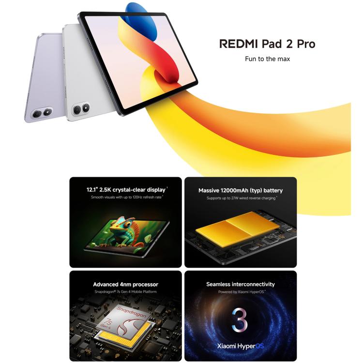 REDMI Pad 2 Pro 12.1 inch Tablet PC, 8GB+256GB, HyperOS 3, Snapdragon 7s Gen4 Octa Core CPU, 8GB+256GB