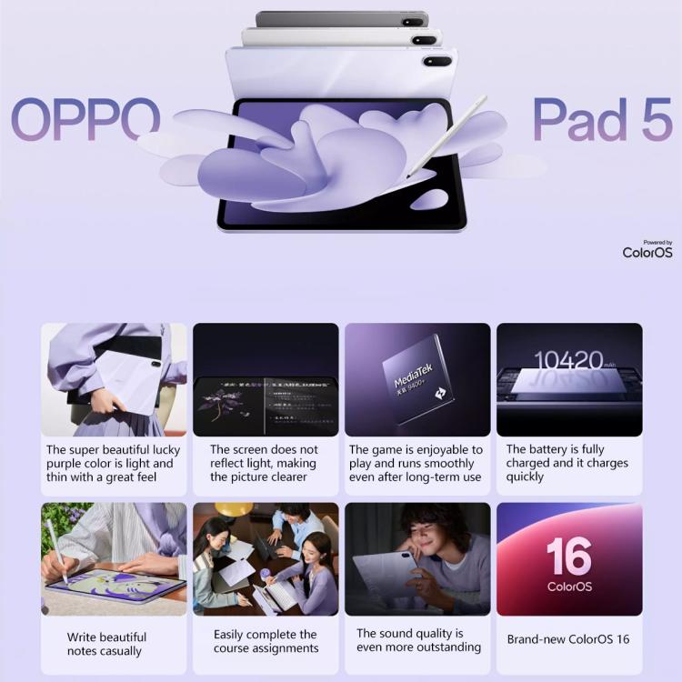 OPPO Pad 5 12.1 inch Tablet PC, 12GB+256GB, ColorOS 16.0 MediaTek Dimensity 9400+ Octa Core, 12GB+256GB