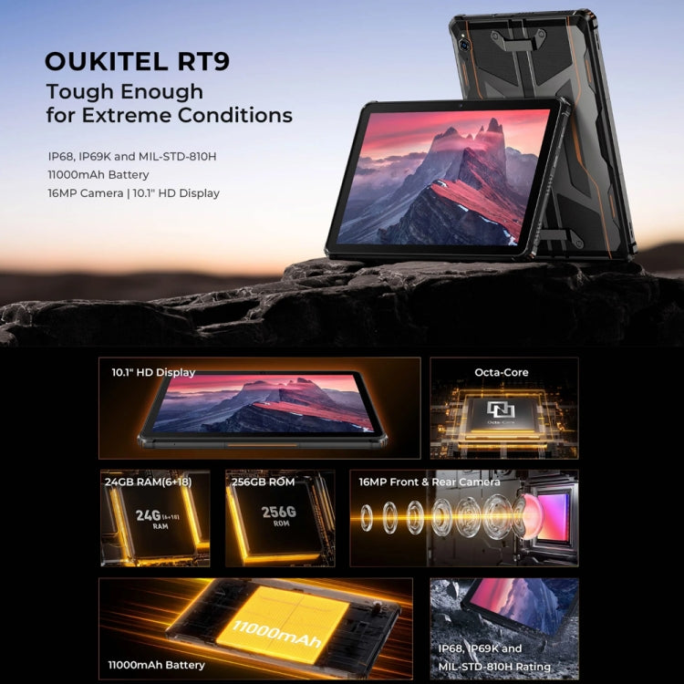 [HK Warehouse] OUKITEL RT9 4G Network IP68/IP69K Rugged Tablet, 6GB+256GB, 10.1 inch Android 14 Unisoc T606 Octa-Core Support Dual SIM, EU Plug (Black)