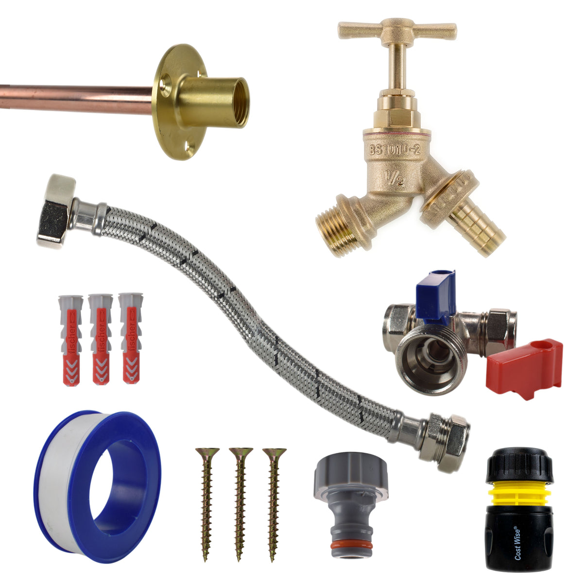 Brass Barbed Bib Tap STANDARD Connection Kit Garden Hose Pipe Hose Connector Set