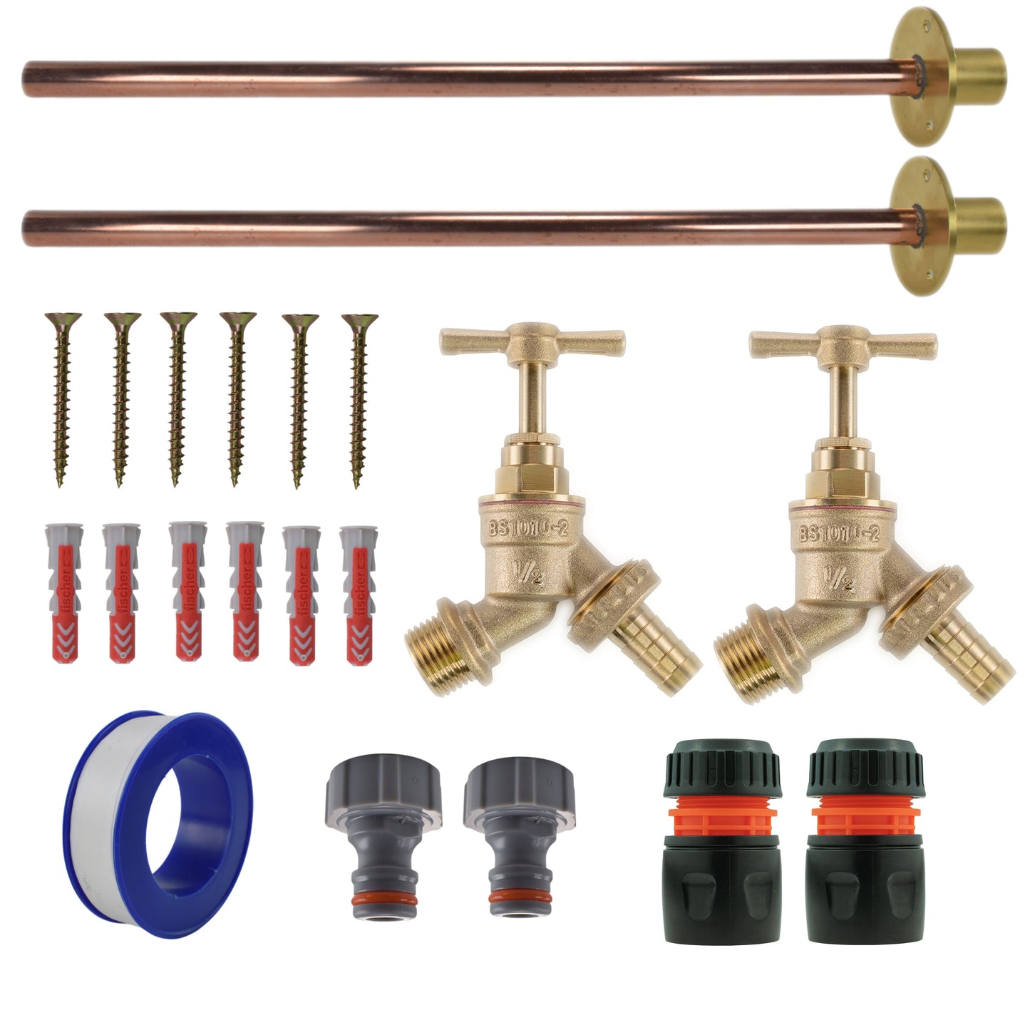 Brass Barbed Bib Tap BASIC Connection Kit x2 Garden Hose Pipe Hose Connector Set