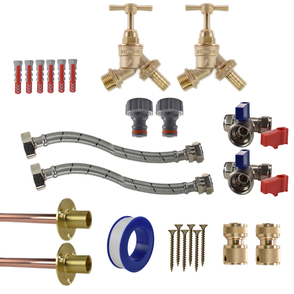 Brass Barbed Bib Tap STANDARD Connection Kit x2 Garden Hose Pipe Water Connector