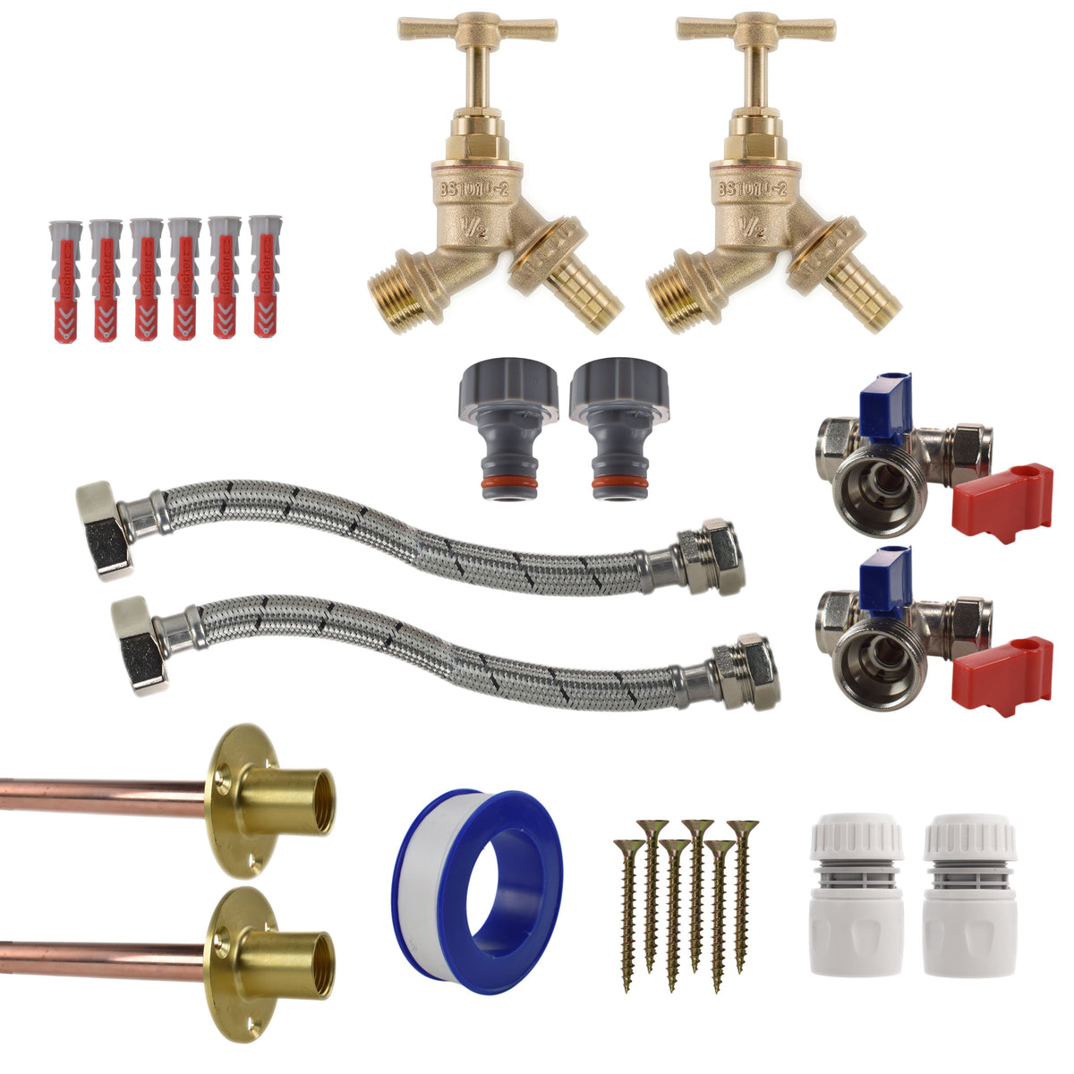 Brass Barbed Bib Tap STANDARD Connection Kit x2 Garden Hose Pipe Water Connector