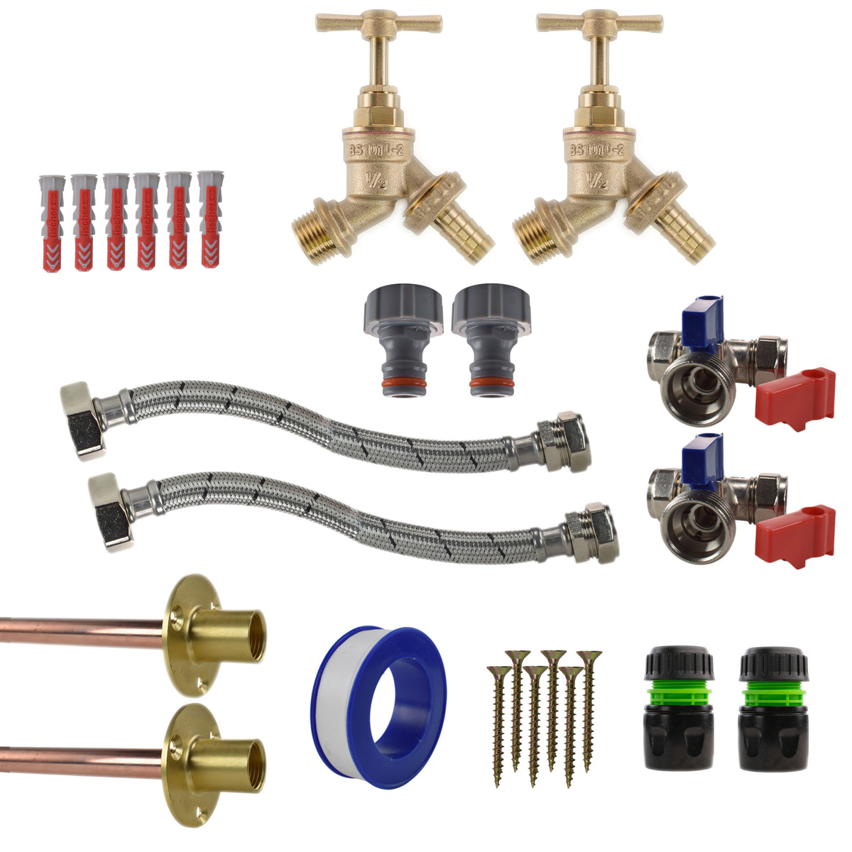Brass Barbed Bib Tap STANDARD Connection Kit x2 Garden Hose Pipe Water Connector