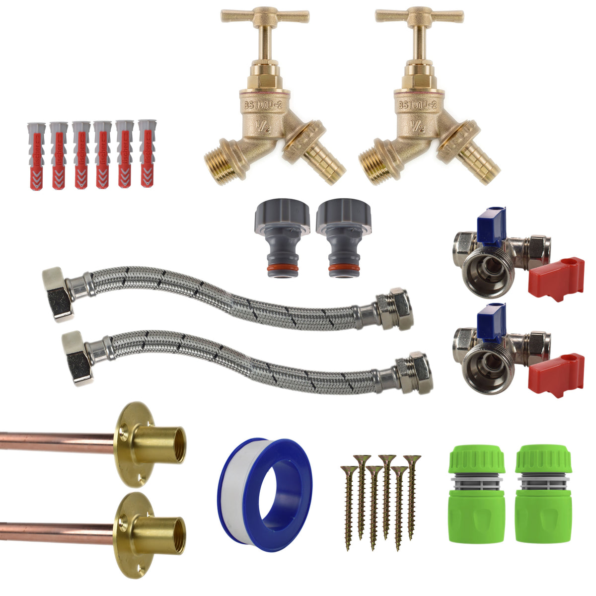 Brass Barbed Bib Tap STANDARD Connection Kit x2 Garden Hose Pipe Water Connector