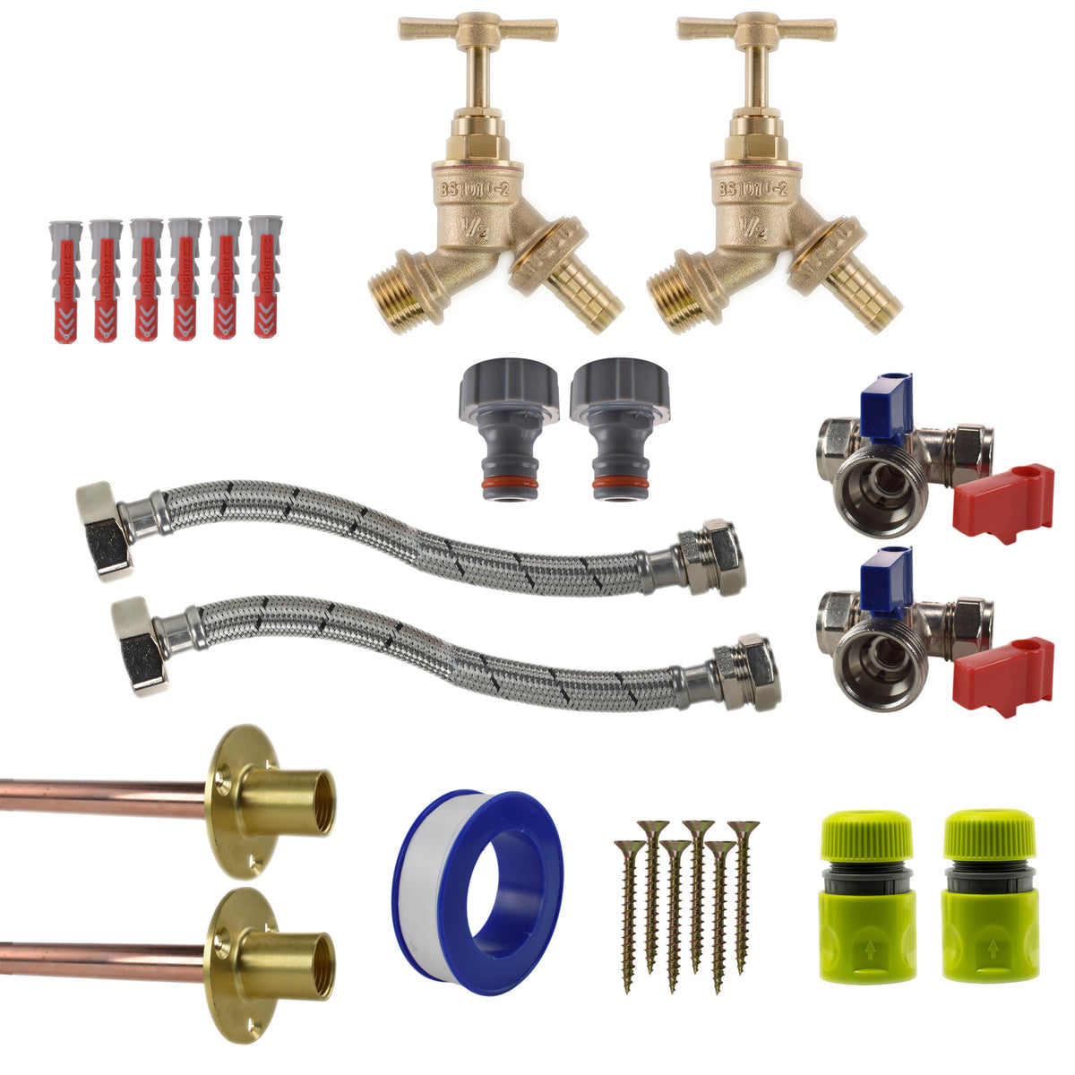 Brass Barbed Bib Tap STANDARD Connection Kit x2 Garden Hose Pipe Water Connector