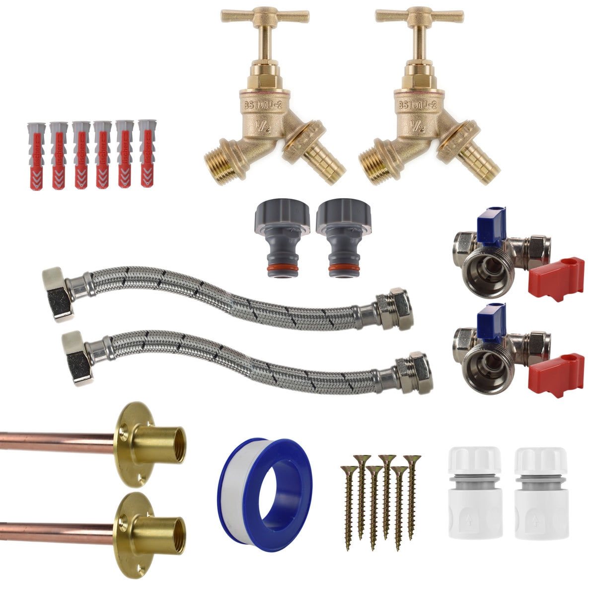 Brass Barbed Bib Tap STANDARD Connection Kit x2 Garden Hose Pipe Water Connector