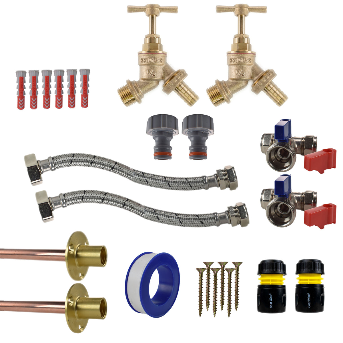 Brass Barbed Bib Tap STANDARD Connection Kit x2 Garden Hose Pipe Water Connector