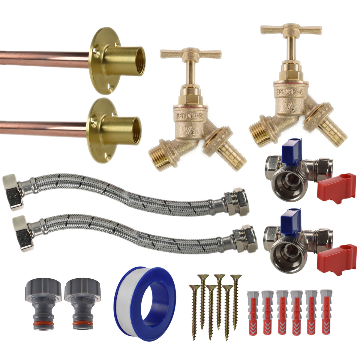 Brass Barbed Bib Tap STANDARD Connection Kit x2 Garden Hose Pipe Water Connector