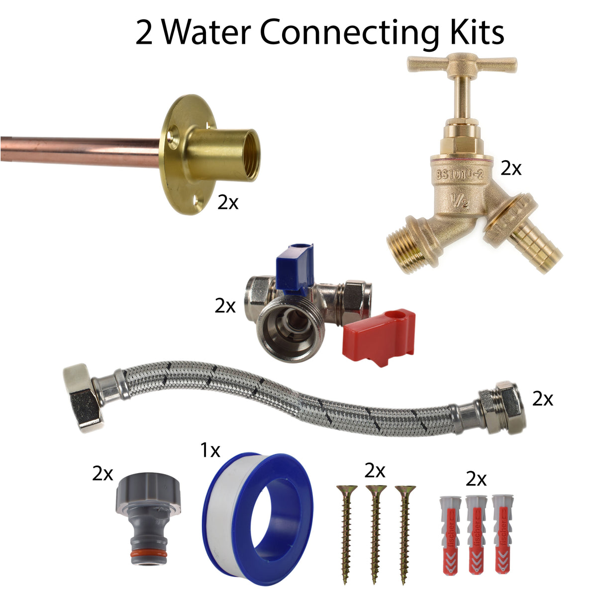 Brass Barbed Bib Tap STANDARD Connection Kit x2 Garden Hose Pipe Water Connector