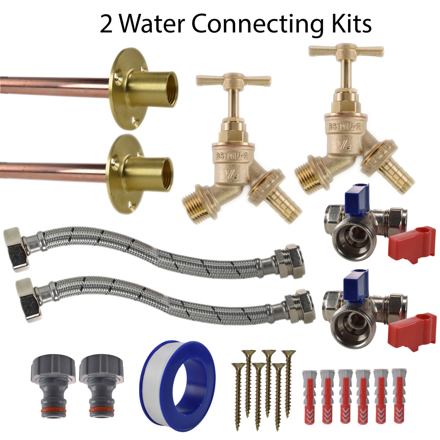 Brass Barbed Bib Tap STANDARD Connection Kit x2