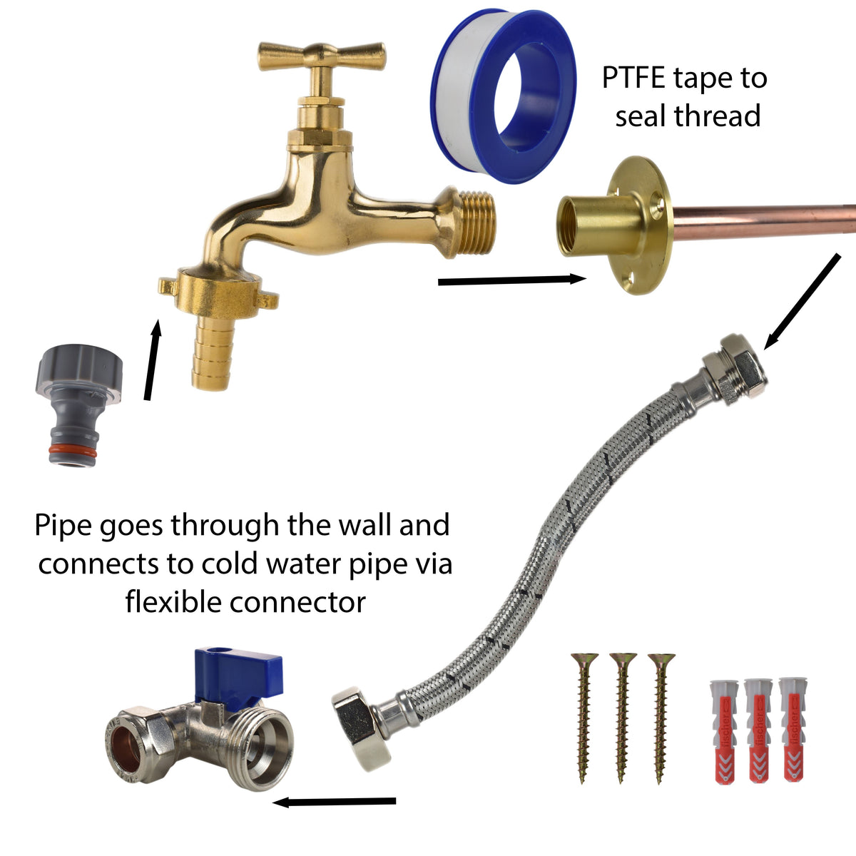 Polished Brass 13mm Barb Tap STANDARD Connection Kit for Drip Irrigation Fitting