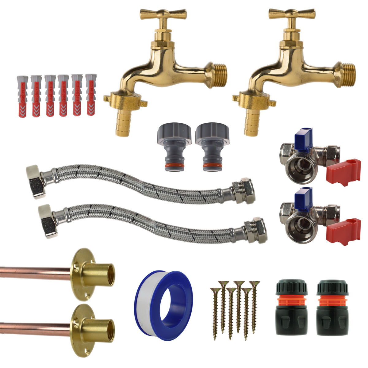 Polished Brass 13mm Barb Tap STANDARD Connection Kit x2 for Outdoor Watering Kit