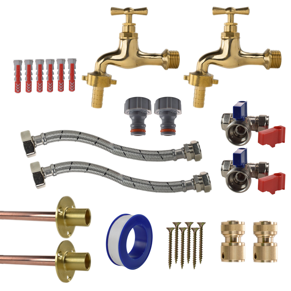 Polished Brass 13mm Barb Tap STANDARD Connection Kit x2 for Outdoor Watering Kit