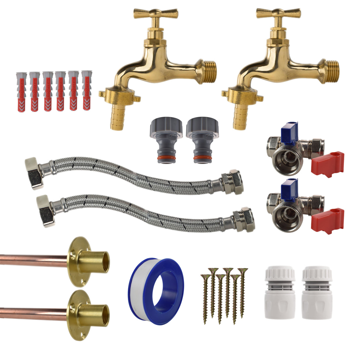 Polished Brass 13mm Barb Tap STANDARD Connection Kit x2 for Outdoor Watering Kit