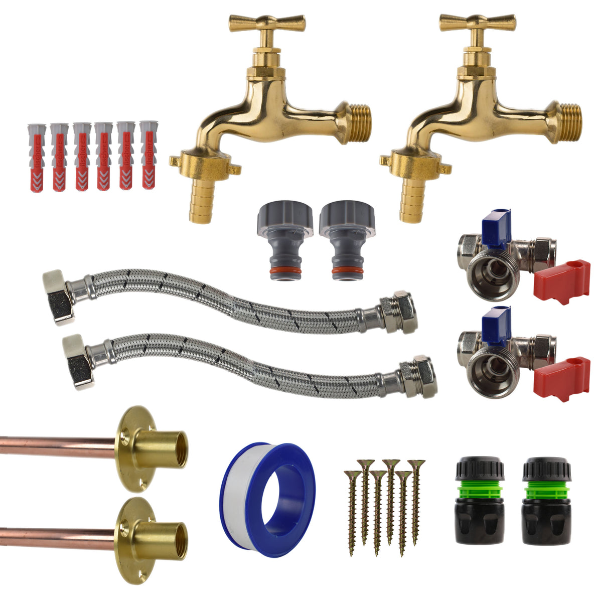 Polished Brass 13mm Barb Tap STANDARD Connection Kit x2 for Outdoor Watering Kit