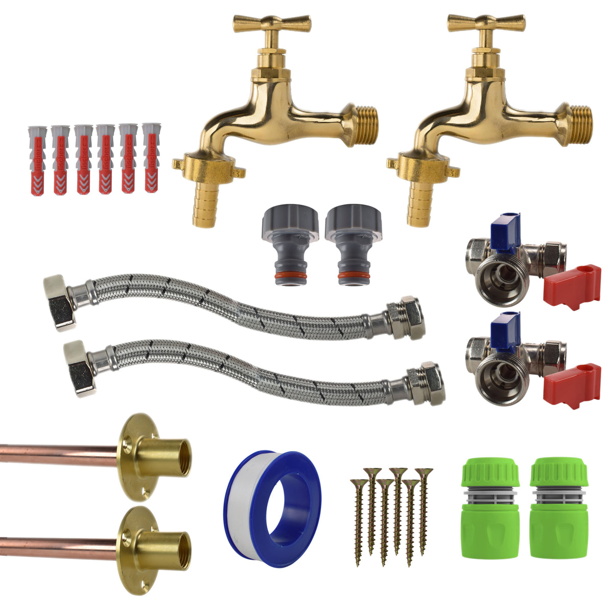 Polished Brass 13mm Barb Tap STANDARD Connection Kit x2 for Outdoor Watering Kit