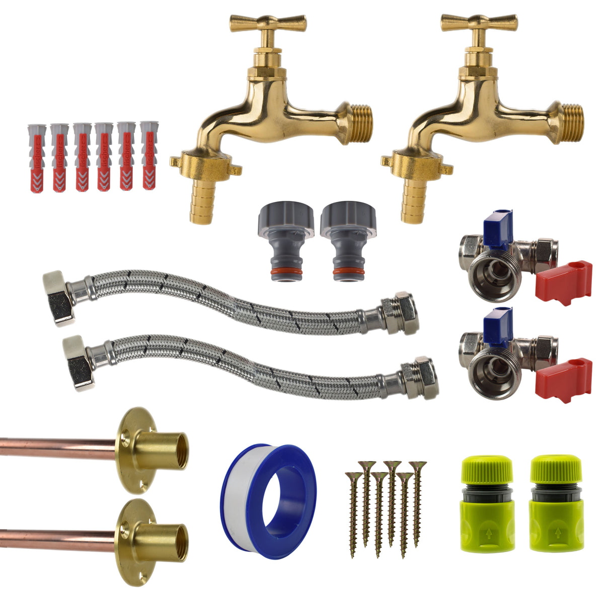 Polished Brass 13mm Barb Tap STANDARD Connection Kit x2 for Outdoor Watering Kit