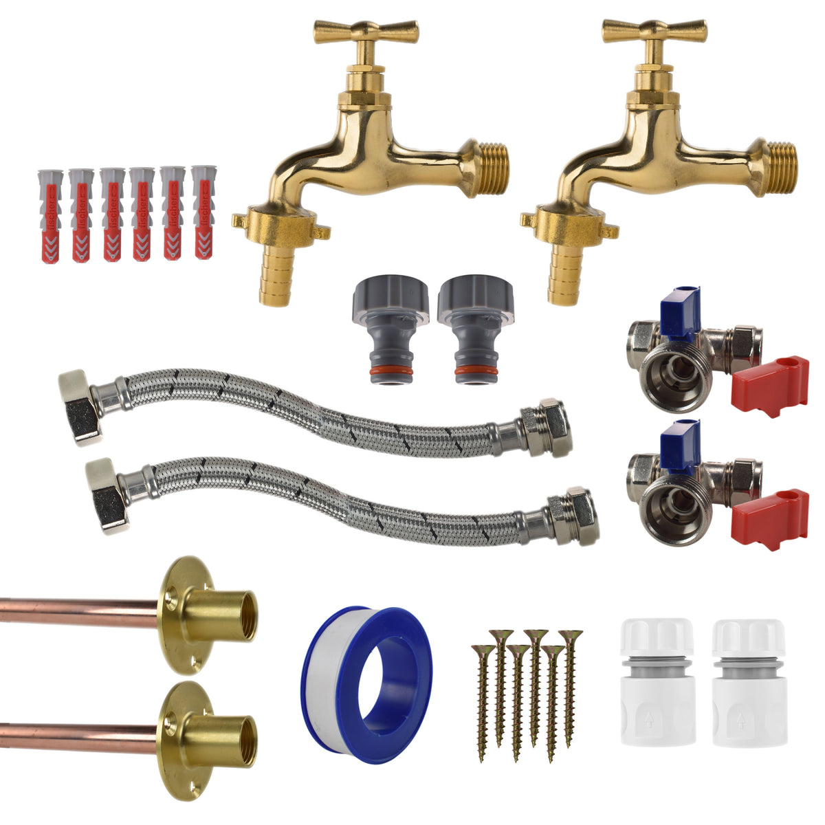 Polished Brass 13mm Barb Tap STANDARD Connection Kit x2 for Outdoor Watering Kit