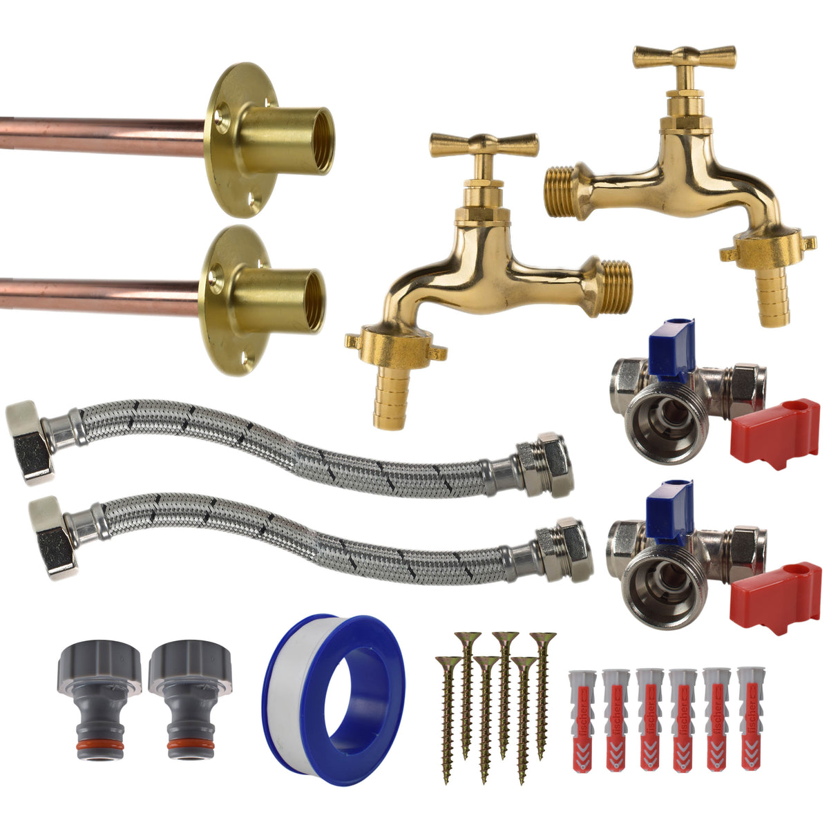 Polished Brass 13mm Barb Tap STANDARD Connection Kit x2 for Outdoor Watering Kit
