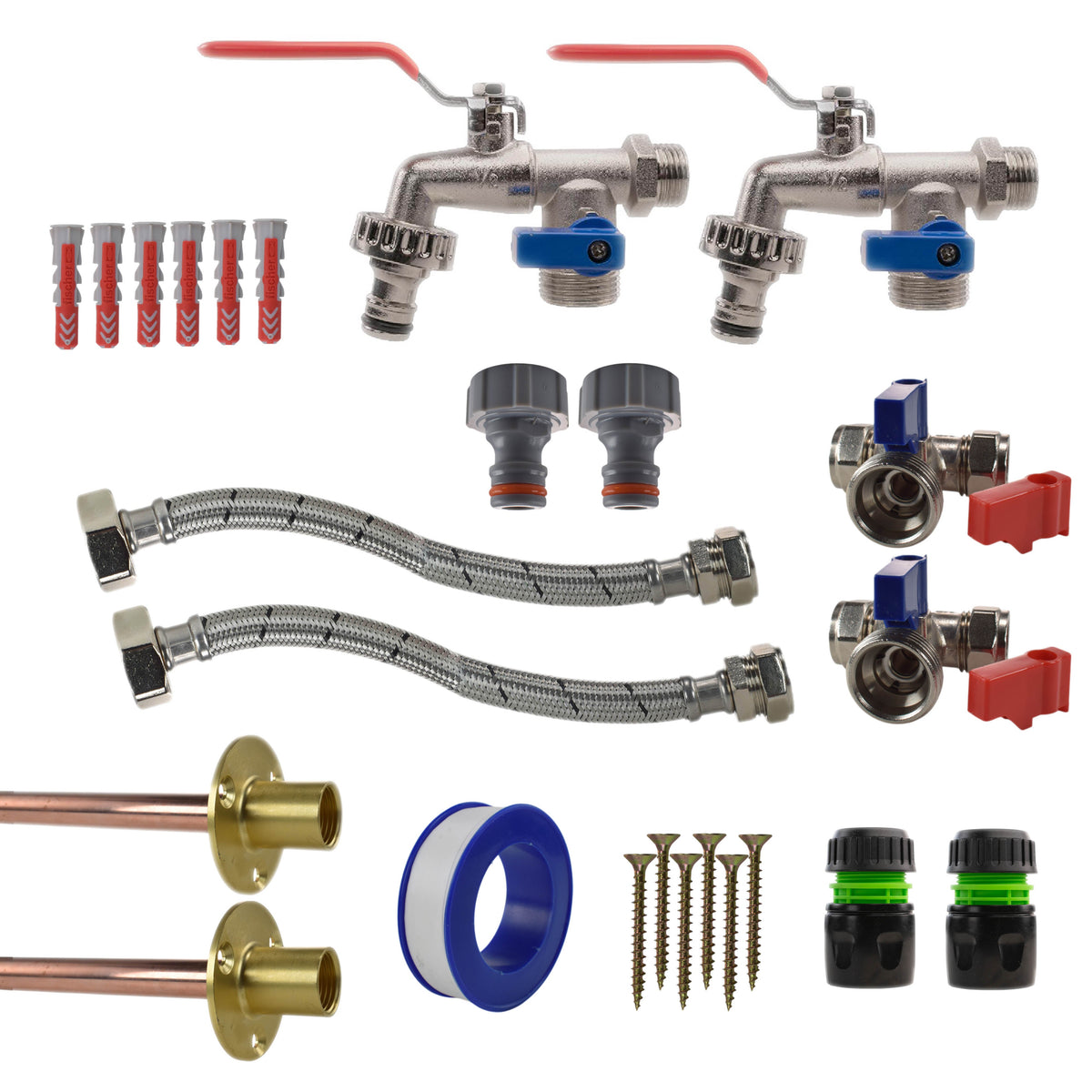Double Lever Tap STANDARD Connection Kit x2 Garden Hose Pipe Brass Water Fitting