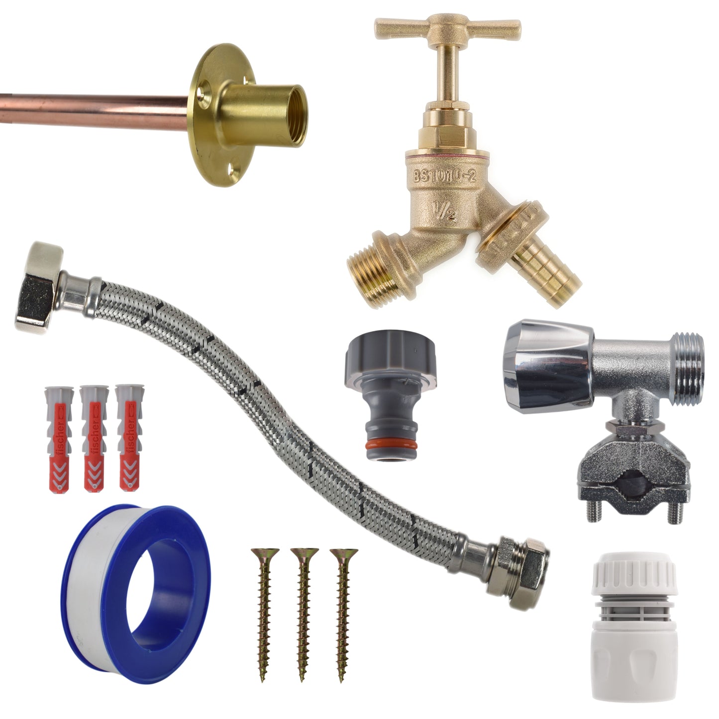 Brass Barbed Bib Tap FULL Connection Kit