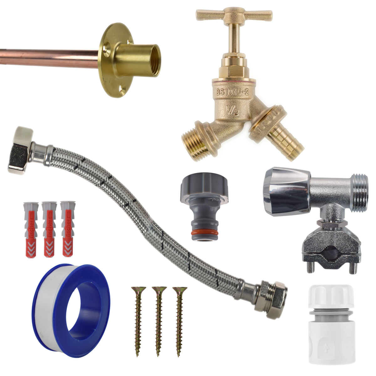Brass Barbed Bib Tap FULL Connection Kit Outdoor Watering Kit Hose Connector Set
