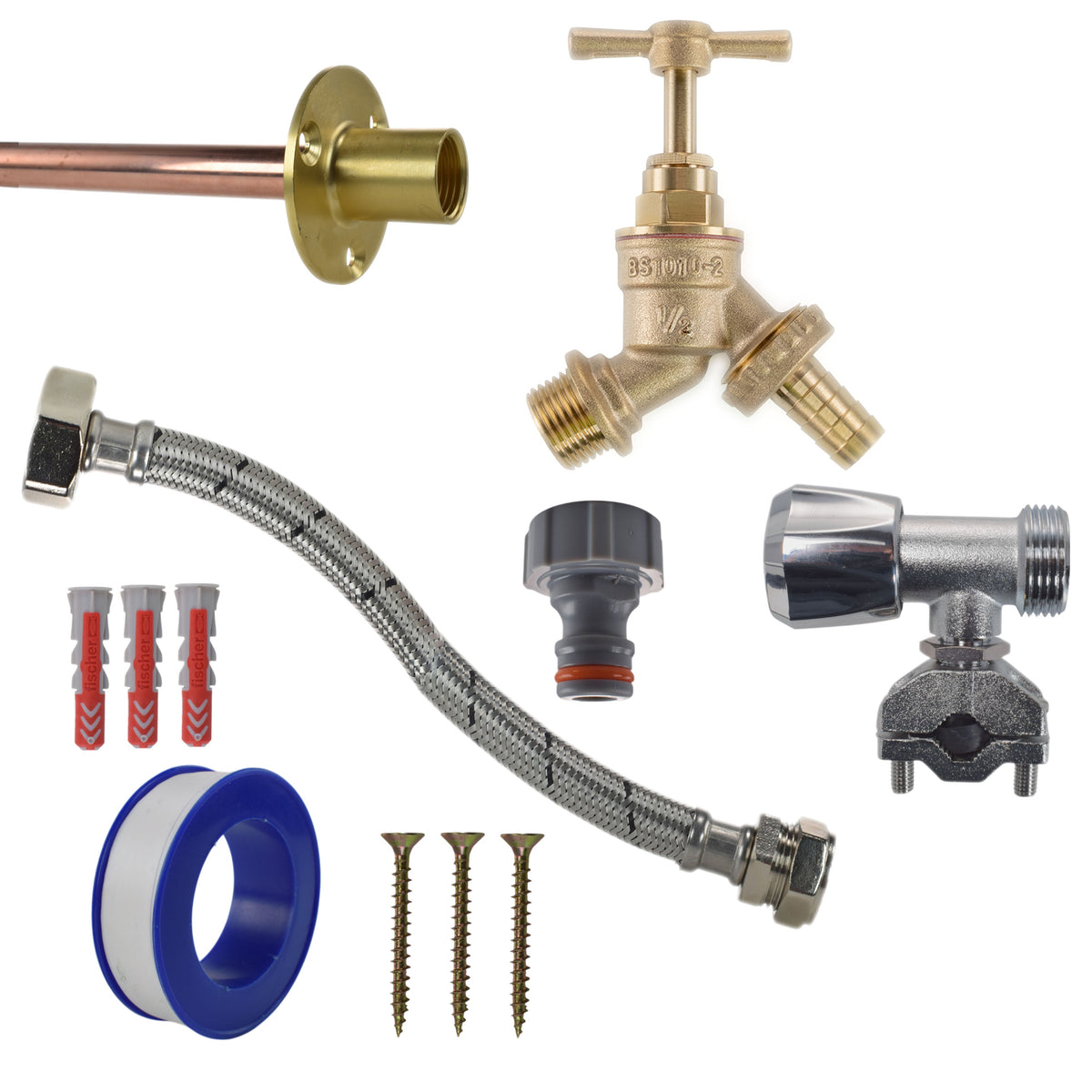 Brass Barbed Bib Tap FULL Connection Kit Outdoor Watering Kit Hose Connector Set