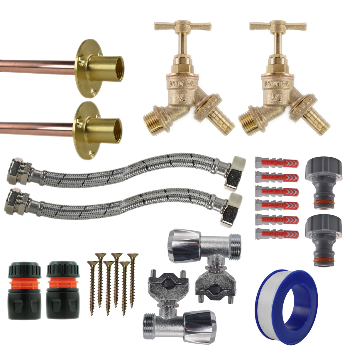 Brass Barbed Bib Tap FULL Connection Kit x2 Garden Hose Pipe Brass Water Fitting