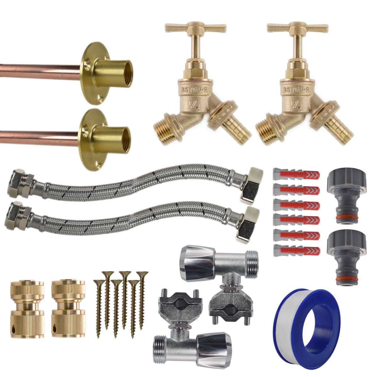 Brass Barbed Bib Tap FULL Connection Kit x2 Garden Hose Pipe Brass Water Fitting