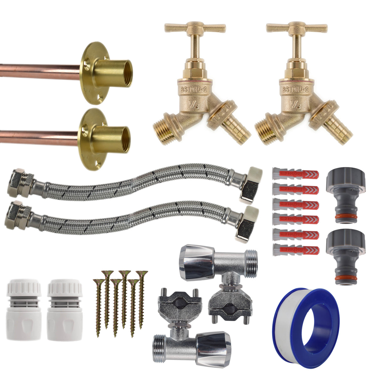 Brass Barbed Bib Tap FULL Connection Kit x2 Garden Hose Pipe Brass Water Fitting