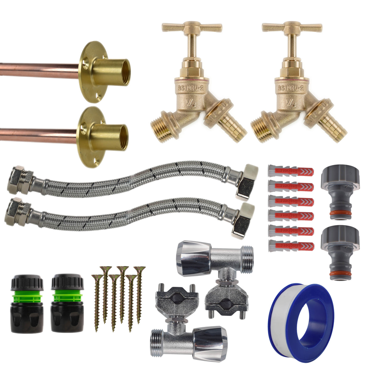 Brass Barbed Bib Tap FULL Connection Kit x2 Garden Hose Pipe Brass Water Fitting