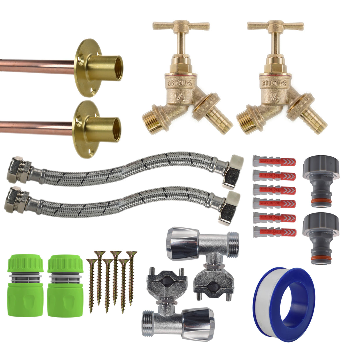 Brass Barbed Bib Tap FULL Connection Kit x2 Garden Hose Pipe Brass Water Fitting
