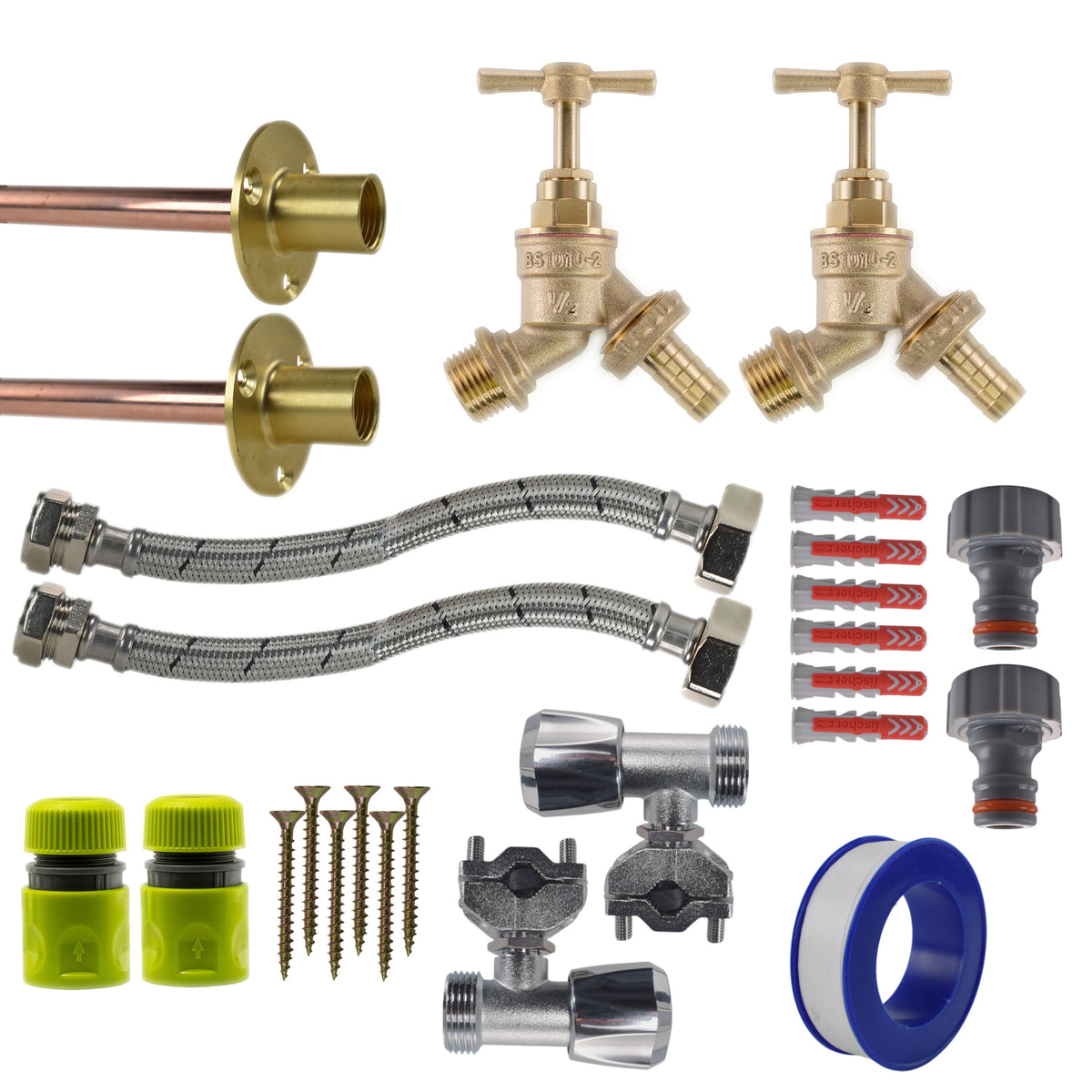Brass Barbed Bib Tap FULL Connection Kit x2 Garden Hose Pipe Brass Water Fitting