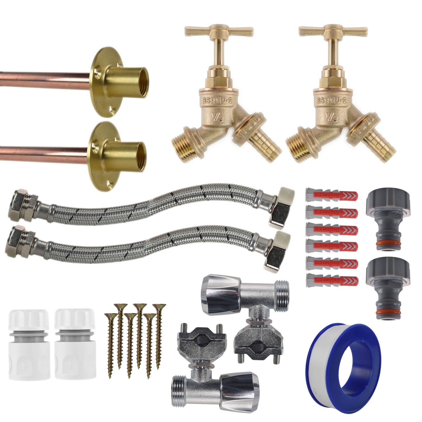 Brass Barbed Bib Tap FULL Connection Kit x2