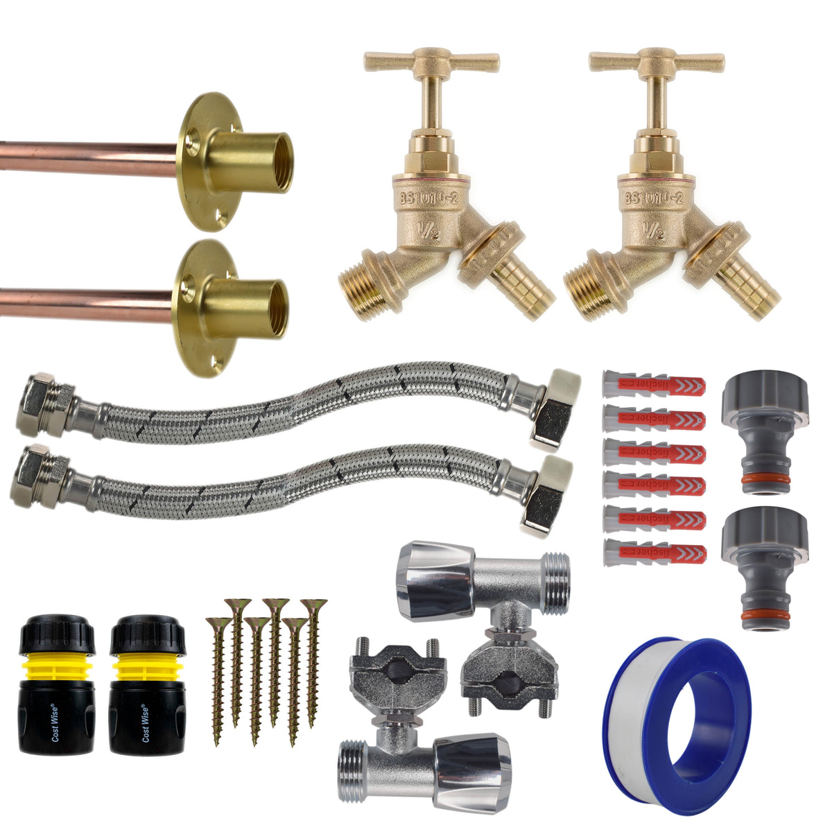 Brass Barbed Bib Tap FULL Connection Kit x2 Garden Hose Pipe Brass Water Fitting