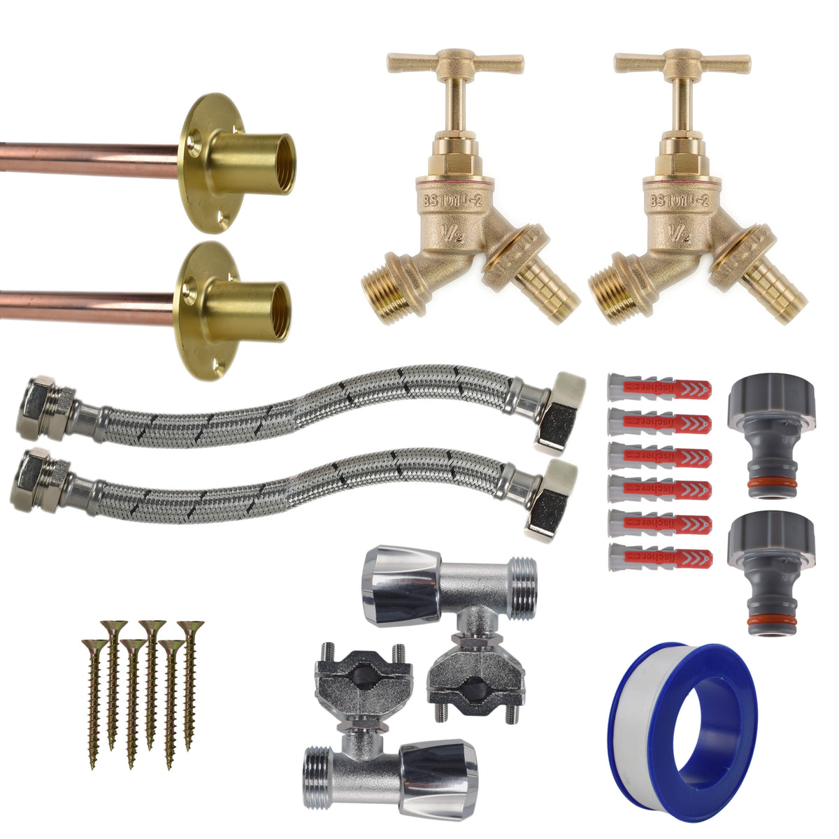 Brass Barbed Bib Tap FULL Connection Kit x2 Garden Hose Pipe Brass Water Fitting