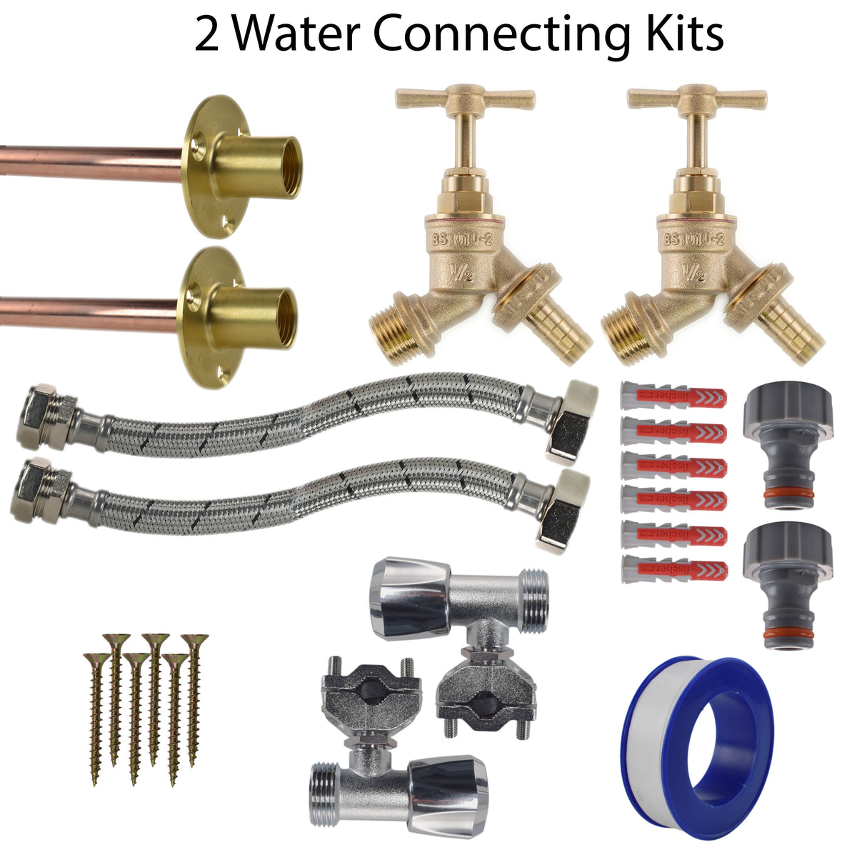 Brass Barbed Bib Tap FULL Connection Kit x2 Garden Hose Pipe Brass Water Fitting