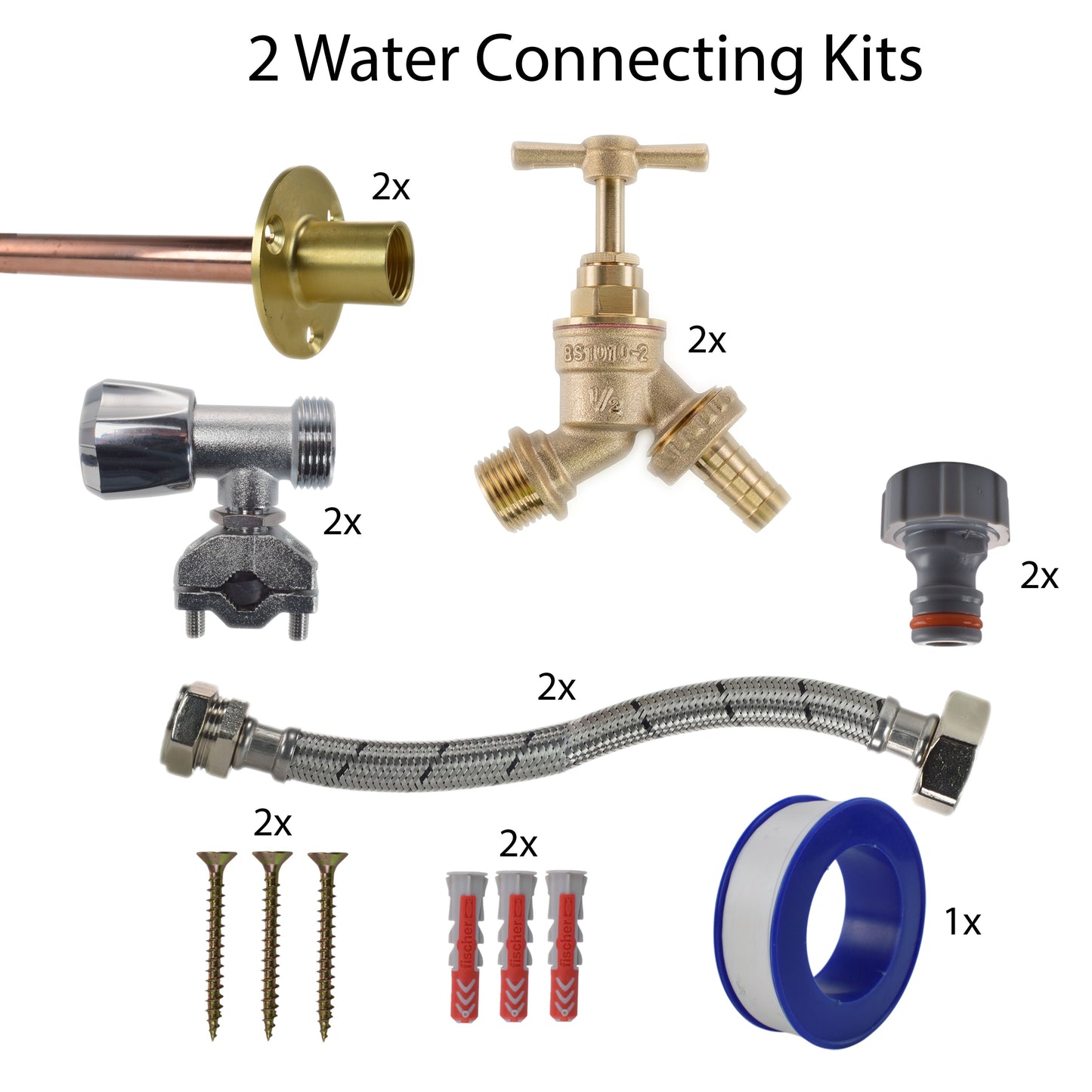 Brass Barbed Bib Tap FULL Connection Kit x2