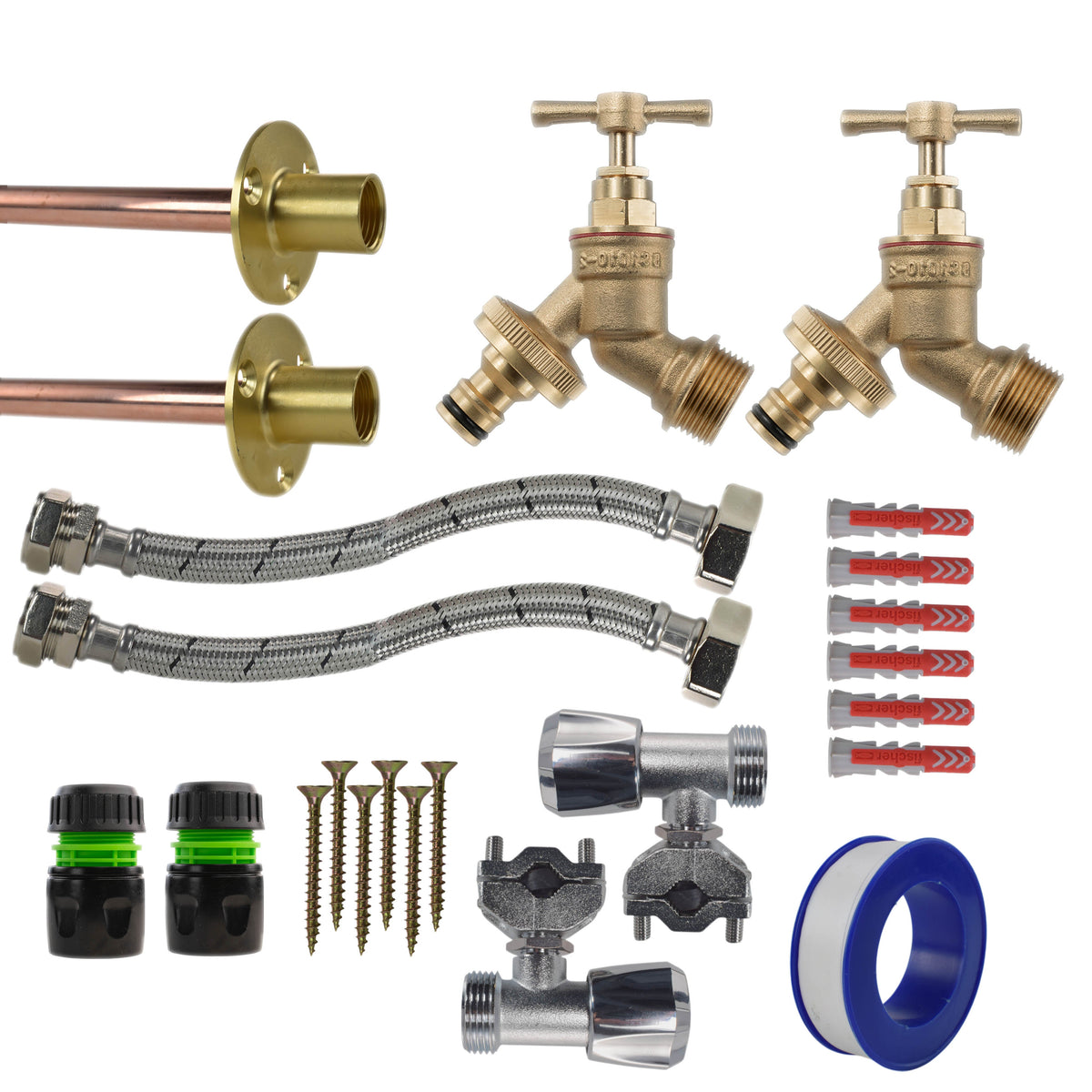 Brass Quick Connect Bib Tap FULL Connection Kit x2 Hose Pipe Fitting Tap Adapter