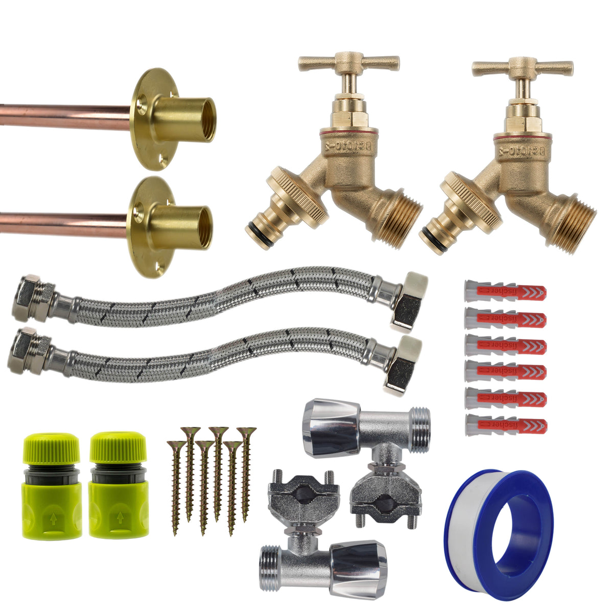 Brass Quick Connect Bib Tap FULL Connection Kit x2 Hose Pipe Fitting Tap Adapter