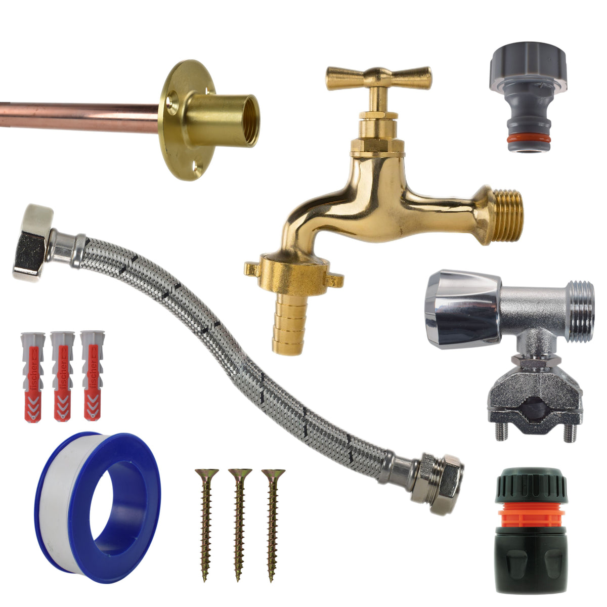 Polished Brass 13mm Barb Tap FULL Connection Kit Garden Hose Pipe Barb Connector