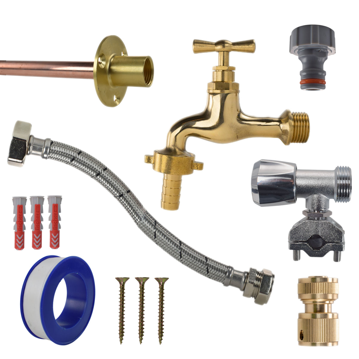 Polished Brass 13mm Barb Tap FULL Connection Kit Garden Hose Pipe Barb Connector