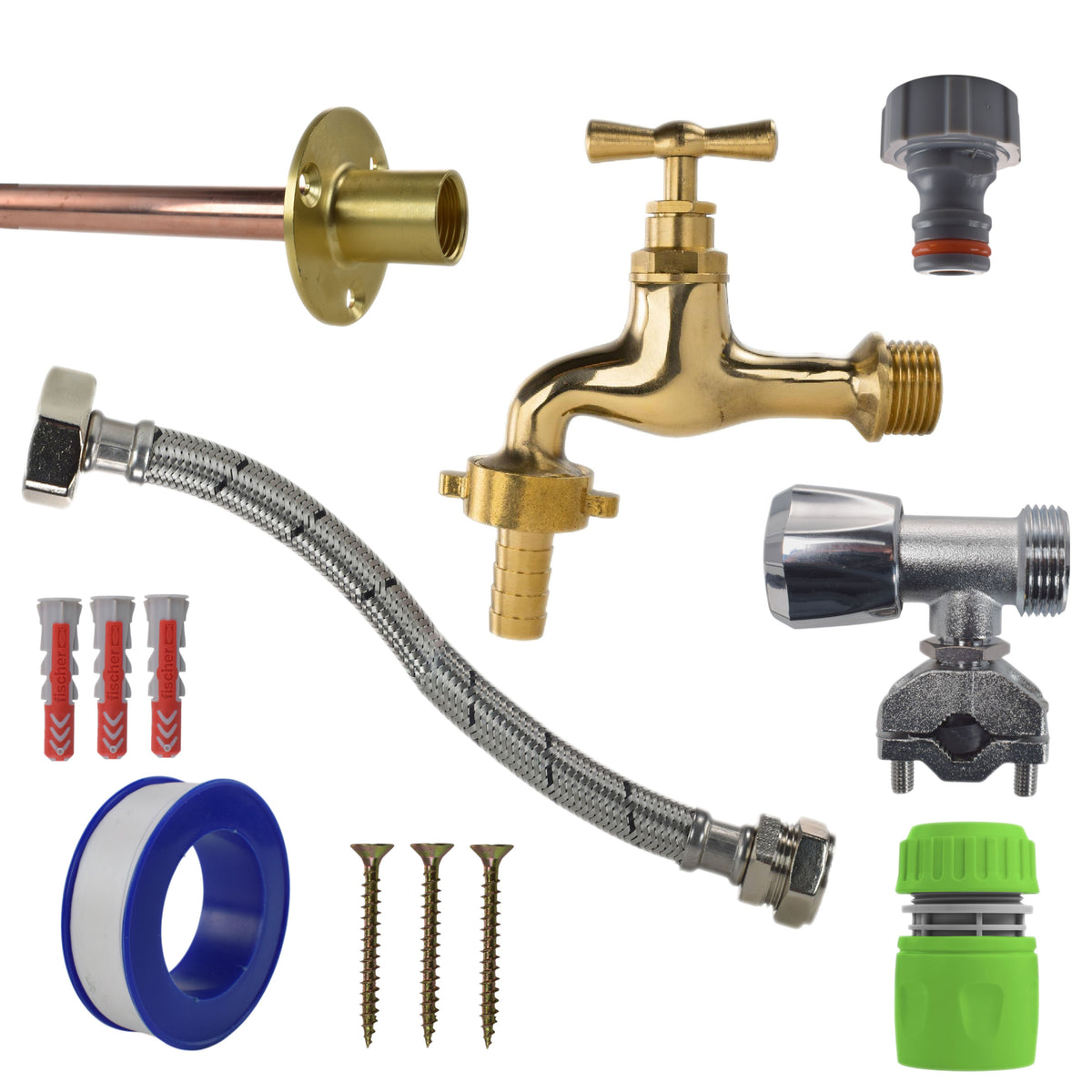 Polished Brass 13mm Barb Tap FULL Connection Kit Garden Hose Pipe Barb Connector