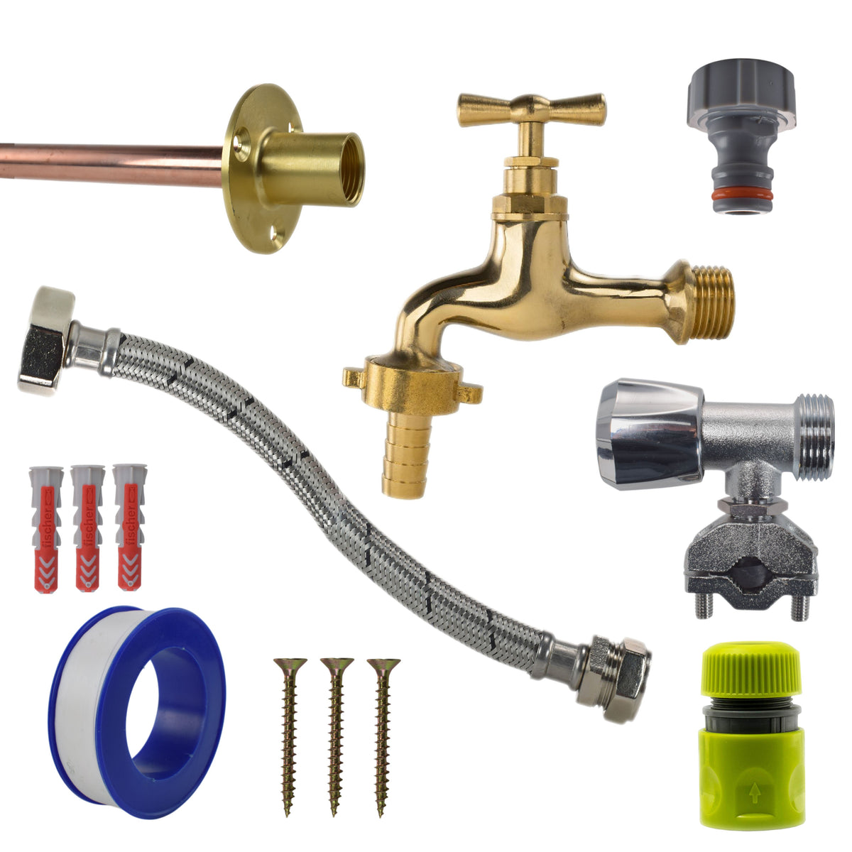 Polished Brass 13mm Barb Tap FULL Connection Kit Garden Hose Pipe Barb Connector