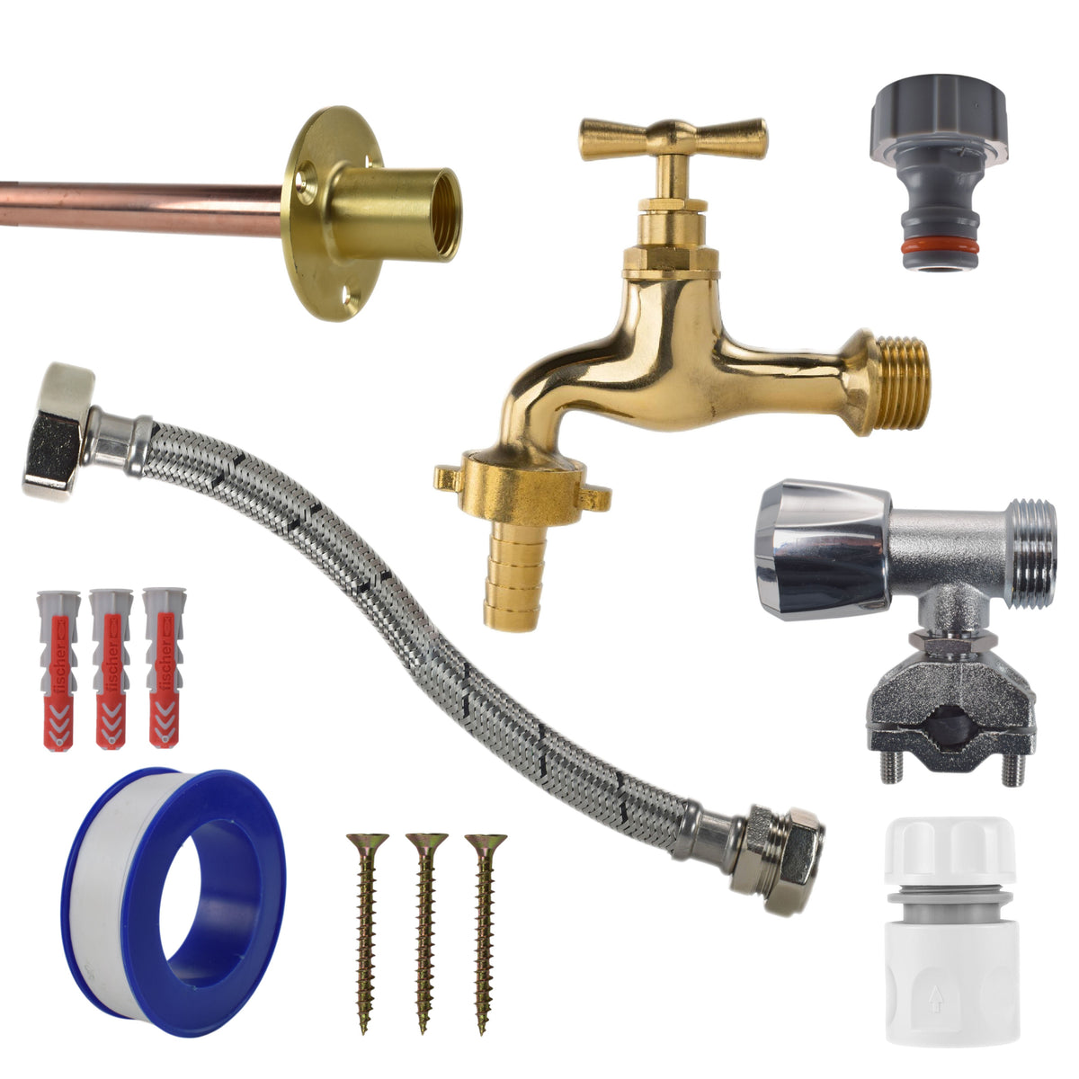 Polished Brass 13mm Barb Tap FULL Connection Kit Garden Hose Pipe Barb Connector