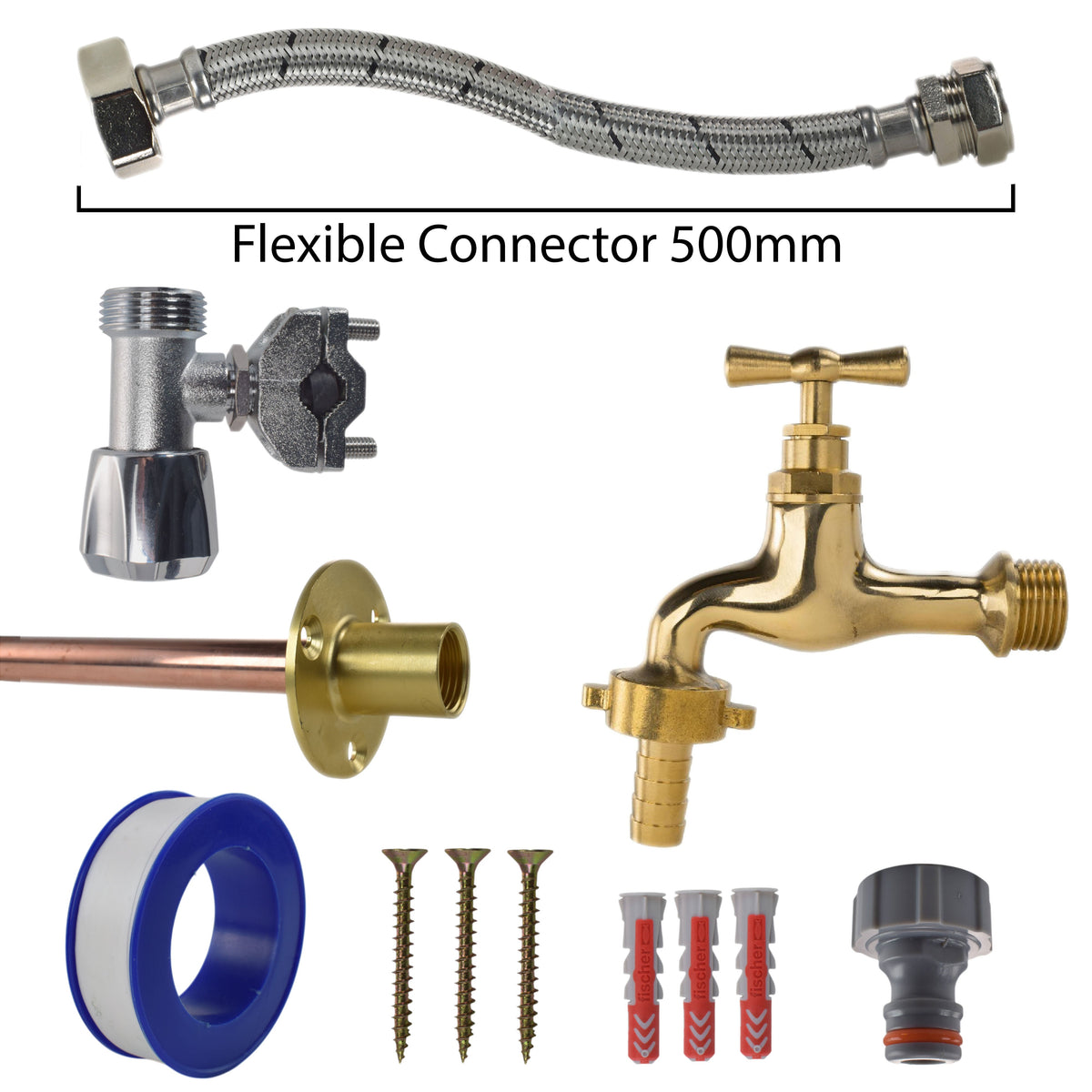 Polished Brass 13mm Barb Tap FULL Connection Kit Garden Hose Pipe Barb Connector